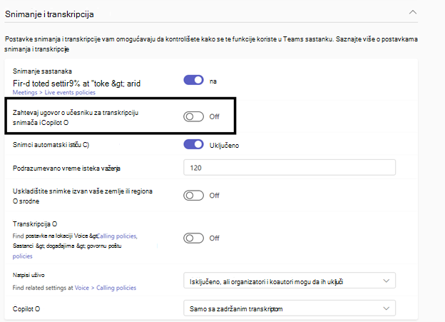 odeljku stranice sa Postavkama usluge Teams. To je odeljak & u kojem možete da podesite kako se rukuje snimcima i transkriptima. Crna bock ističe postavku da bi učesnici sastanka zahtevali dozvolu za snimanje, transkripciju i Copilot.