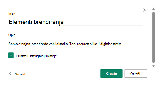 Kada popunite željeno ime i opis biblioteke, izaberite stavku Kreiraj.