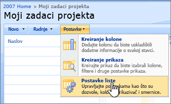 Na dugmetu postavke izaberite stavku postavke liste