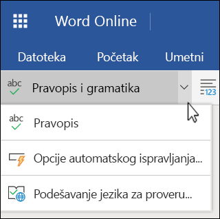 Razvijena lista pravopisnih i gramatičkih opcija u aplikaciji Word Online
