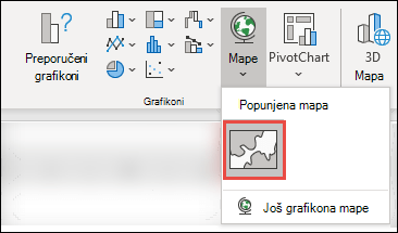 Da biste umetnuli grafikon mape, izaberite bilo koju ćeliju u opsegu podataka, a zatim idite na stavku Umetanje > Grafikoni > Mape > izaberite ikonu Popunjena mapa.