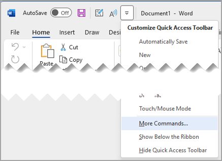 Customize Quick Access Toolbar with More Commands highlighted