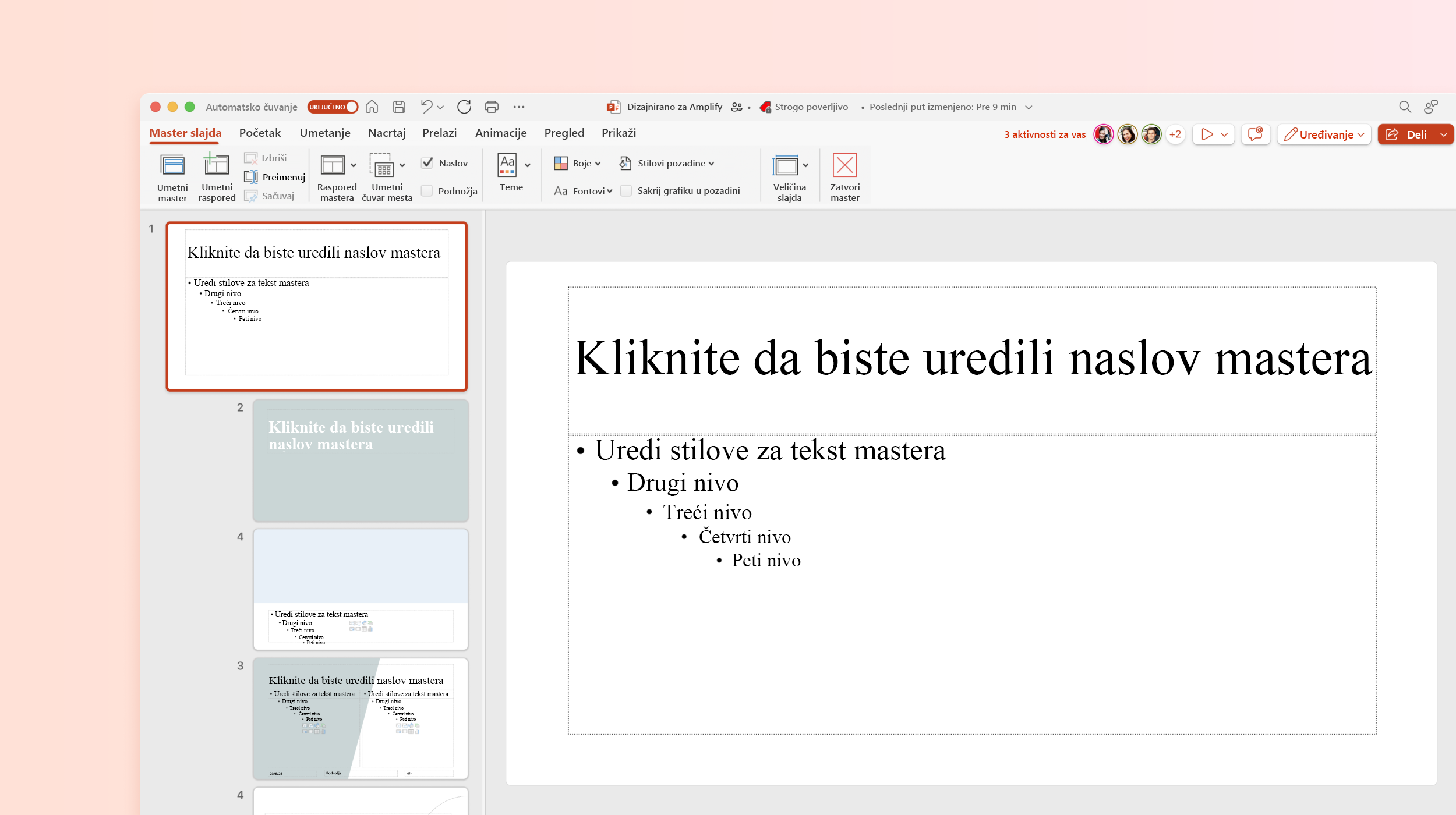 Snimak ekrana prikazuje Master slajda u PowerPoint predlošku.