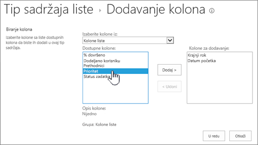 Stranica "Dodavanje kolona" sa istaknutom dostupnom kolonom