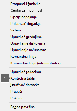Lista opcija i komandi koja se prikazuje kad pritisnete taster sa Windows logotipom + X