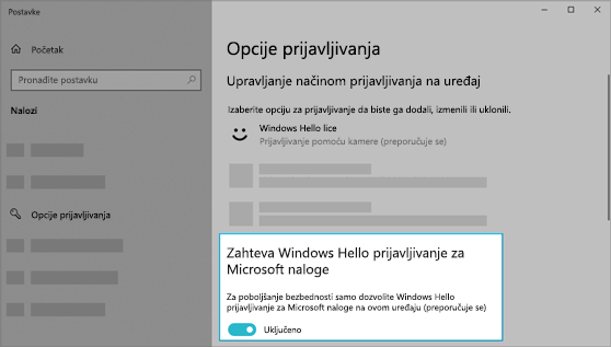 Uključena opcija za Windows Hello prijavljivanje za Microsoft naloge.