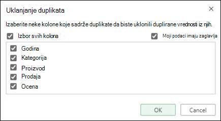 Uklonite duplikate iz usluge Excel Online iz stavke Alatke > za podatke > ukloni duplikate.