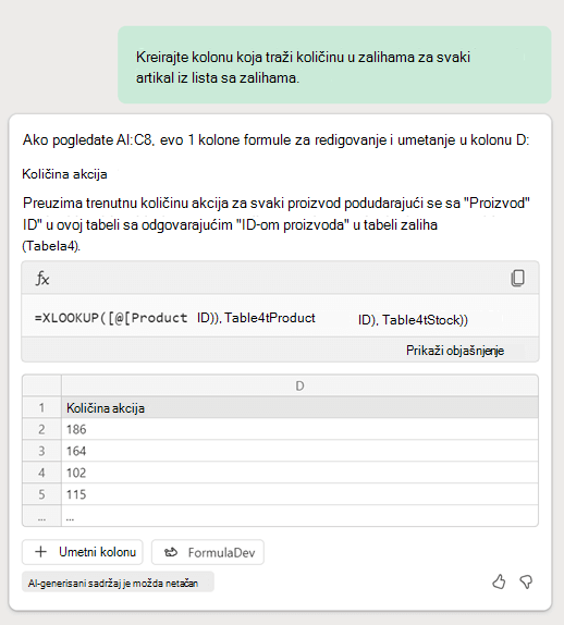 Copilot u programu Excel kreira formulu XLookup na osnovu odziva klijenta koji traži kolonu koja traži podatke o zalihama na drugom listu.