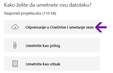 Opcije za umetanje datoteke u programu OneNote za Windows 10