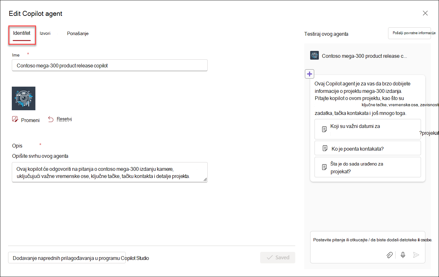 snimak ekrana početnog korisničkog interfejsa za uređivanje Copilot agenta