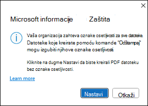 Prozor "Kreiranje PDF datoteke" u programu Microsoft Info Protection