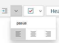 Meni "Pasus" koji prikazuje dostupne opcije u programu OneNote Windows 10.