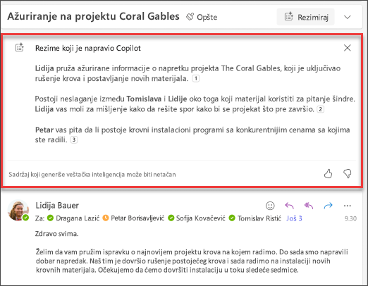 Rezime niti e-pošte sa citatima koje je kreirala funkcija Copilot.