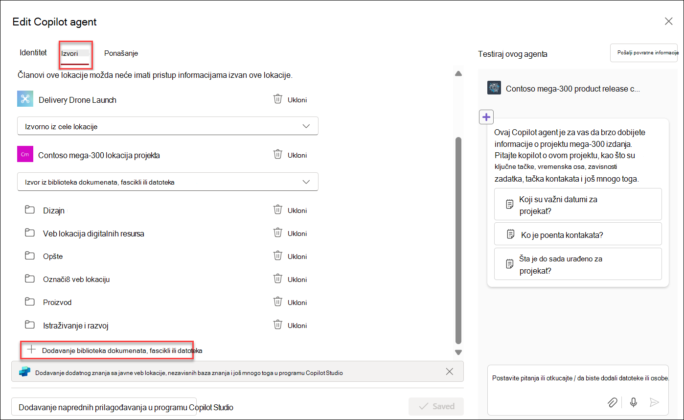 Snimak ekrana dodavanja resursa Informacija Copilot agentu