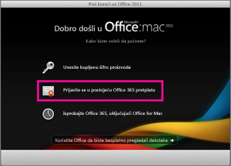 Početna stranica za instalaciju sistema Office za Mac, na kojoj se prijavljujete u postojeću Office 365 pretplatu.