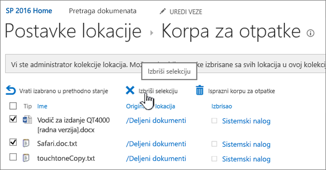 Istaknuto dugme "Izbriši" stranice za otpatke sistema SharePoint 2016