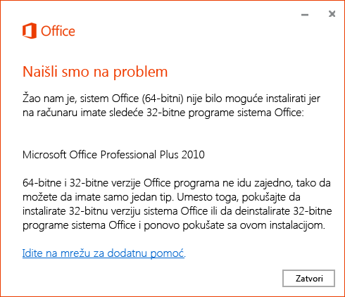 Nije moguće instalirati 64-bitni preko 32-bitnog sistema Office