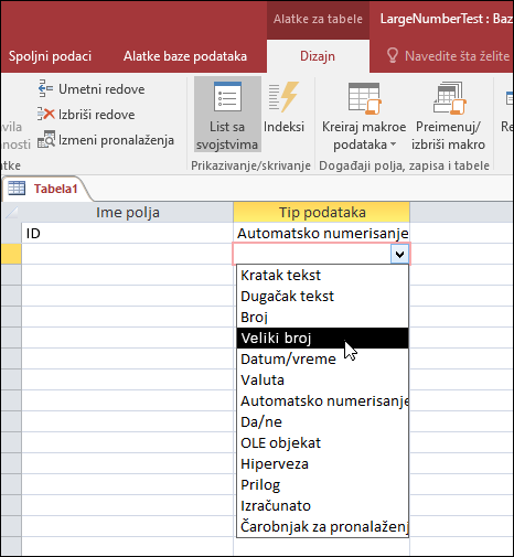 Snimak ekrana liste "tipovi podataka" u Access tabeli. Izabran je veliki broj.