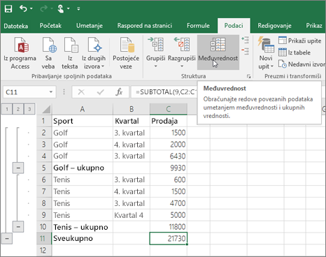 Izaberite stavku Međuvrednost na kartici Podaci da biste dodali red međuvrednosti u Excel podatke