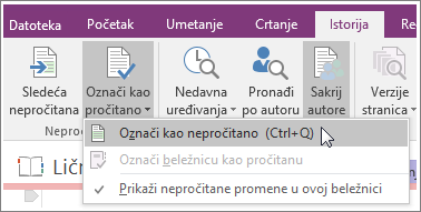Snimak rezultata dugmeta „Označi kao pročitano“ u programu OneNote 2016.