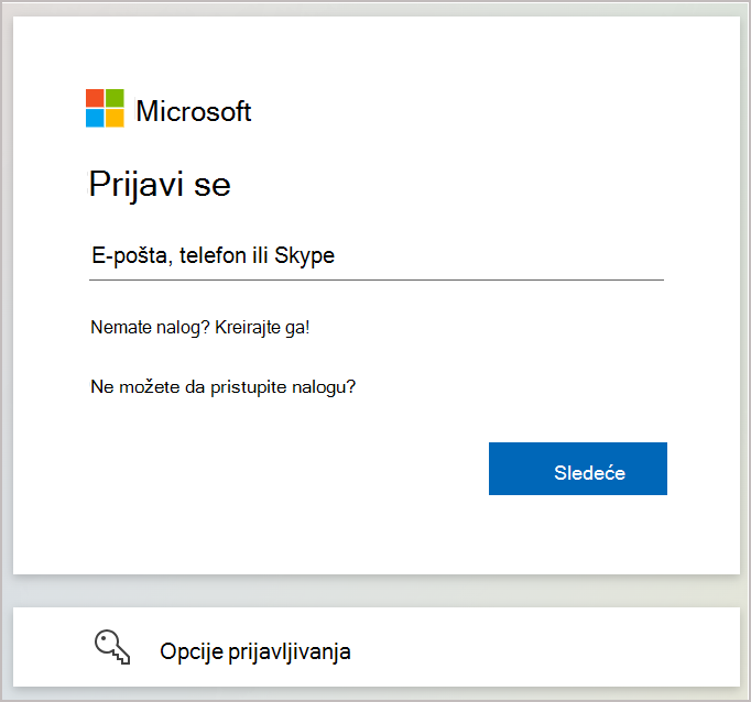 Snimak ekrana koji prikazuje dijalog za prijavljivanje u koji unosite e-adresu ili broj telefona povezan sa Microsoft nalogom.
