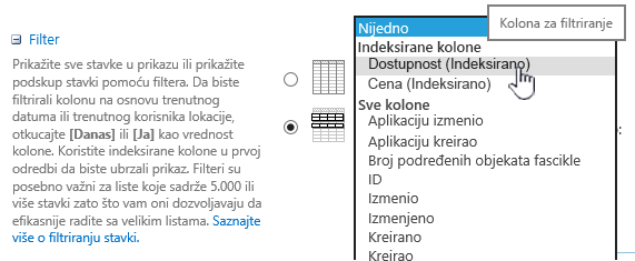 U usluzi SharePoint Online, izaberite indeksirano polje