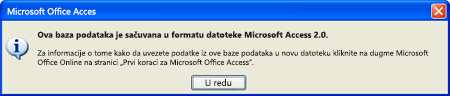 Ova baza podataka je sačuvana u formatu datoteke Microsoft Access 2.0.