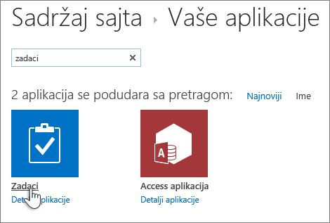Otkucajte zadatak u polju za pretragu i izaberite stavku zadatak