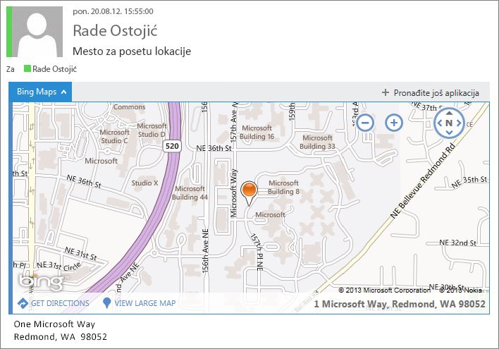 E-poruka sa Bing mapama sa prikazanom adresom na mapi