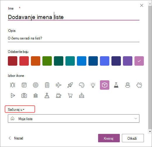 Snimak ekrana opcija za prilagođavanje lista u sistemu SharePoint.