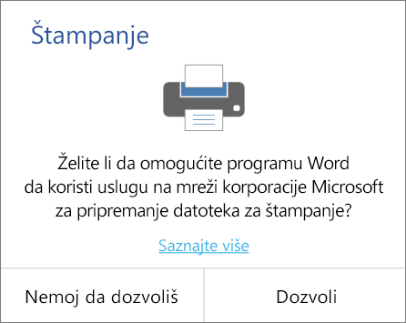 Prikazuje dijalog „Dozvoli štampanje“ za Office na Android uređajima.