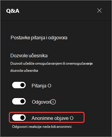Snimak ekrana koji ističe korisnički interfejs za skrivanje imena učesnika u Q&A