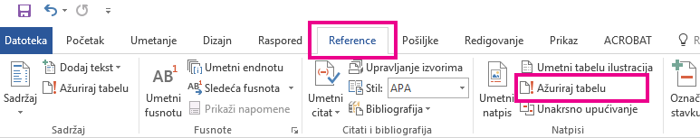 Komanda „Ažuriraj tabelu“ nalazi se na kartici „Reference“.