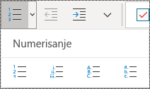 Dugmad „Lista sa znakovima za nabrajanje“ u meniju „Početak“ na traci u programu OneNote za Windows 10.