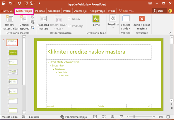 Shows slide layout in PowerPoint Slide Master View