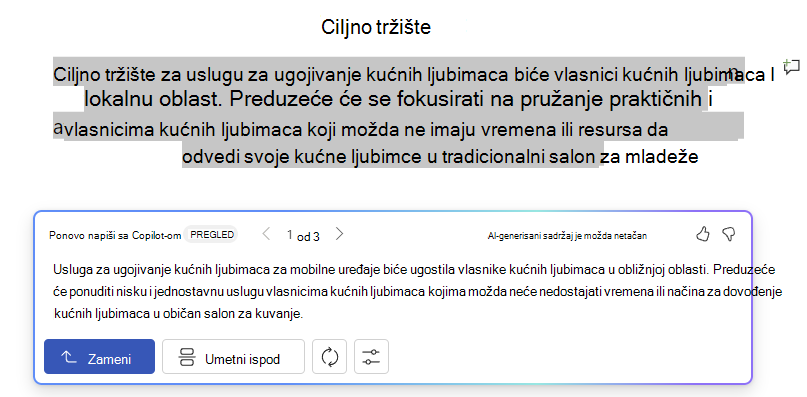 Snimak ekrana za Copilot u programu Word sa predlozima i opcijama za parafraziranje teksta