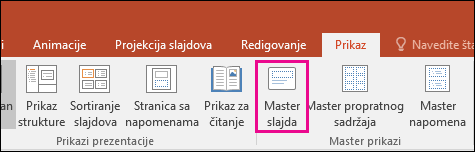 prikazuje dugme za master slajda na traci u programu PowerPoint