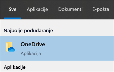 Snimak ekrana traženja OneDrive aplikacije za stone računare u operativnom sistemu Windows 10
