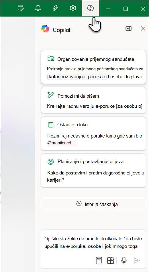 Okno za ćaskanje u programu Copilot u programu Outlook.