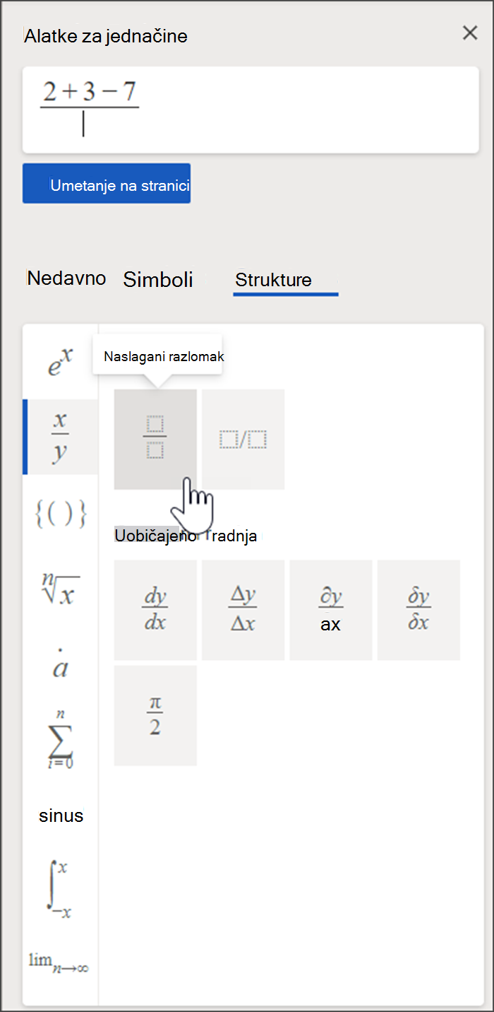 Bočna tabla alatki za jednačine koja sadrži polje u kom nacrtate jednačinu i biblioteku struktura i simbola