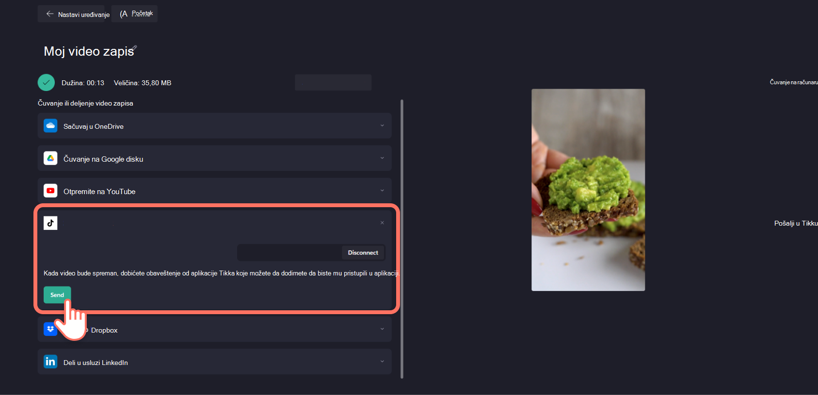 Snimak ekrana korisnika Clipchamp klikom na dugme "Pošalji" nakon povezivanja funkcije TikTok.