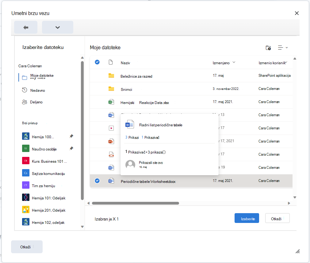 Ugradite OneDrive datoteku u uređivač brightspace pomoću dugmeta "Umetni brzu vezu".