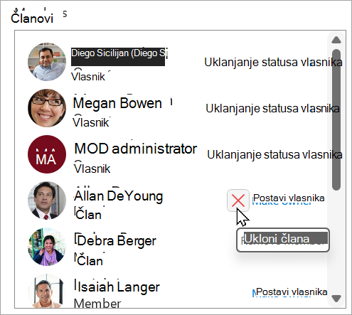 U polju Članovi možete da uklonite status vlasnika, postavite člana za vlasnika ili izbrišete člana.