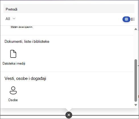 Snimak ekrana okna za izbor veb segmenta koji prikazuje veb segmente "Datoteka" i "Mediji" i "Osobe".