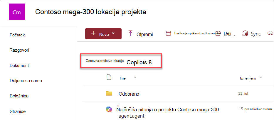 snimak ekrana mesta gde se Copilot agenti čuvaju ako se kreiraju sa matične stranice