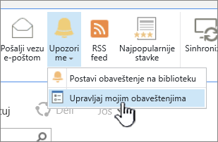 Istaknuto dugme "Upravljaj obaveštenjem" u sistemu SharePoint 2016