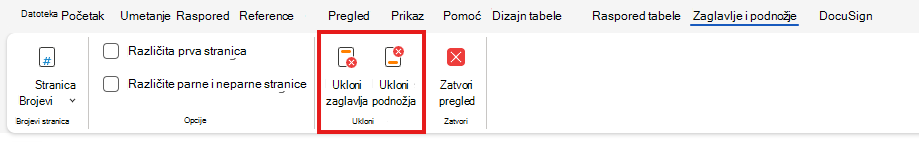 Uklanjanje zaglavlja ili podnožja na vebu