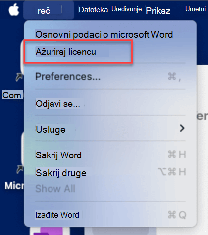 Pronalaženje dugmeta "Ažuriraj licencu" u sistemu Microsoft Word MacOS.