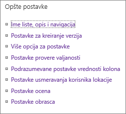 Veze za opšte postavke liste