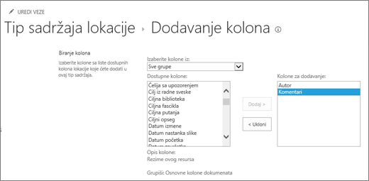 Dodavanje postojećih kolona u tip sadržaja